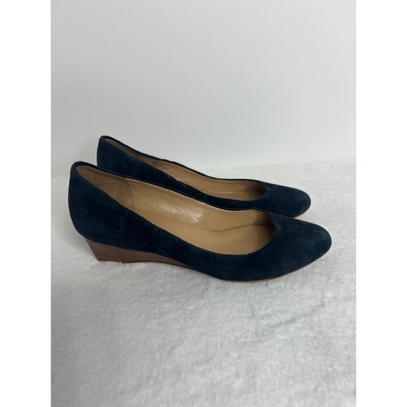 Talbots Shoes - Navy Blue Suede Wedge Pumps Women 9W Genuine Leather Almond Toe Low Heel Shoes